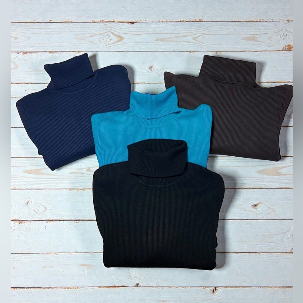 4 Chicos Ribbed Turtleneck Sweater Sz 1 Med Navy Brown Black Turquoise BaseLayer
